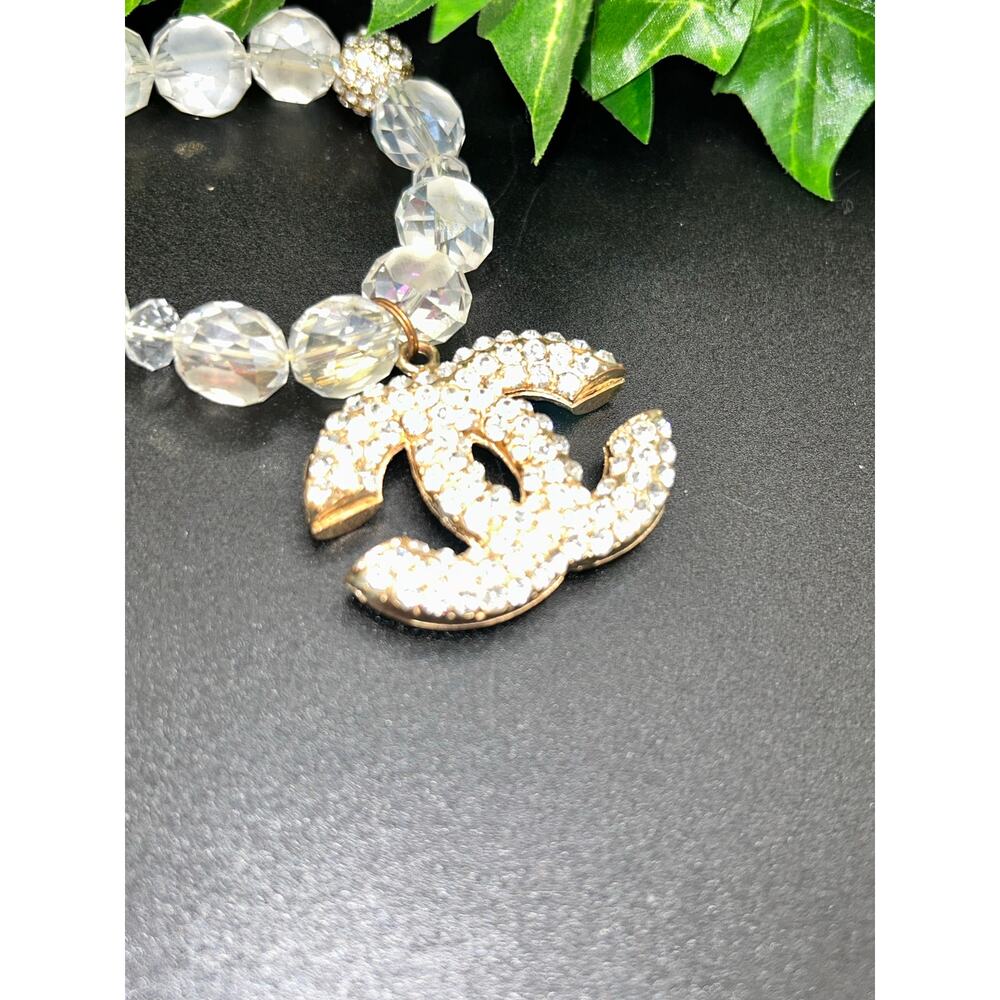 Chanel Iridescent AB Beaded Bracelet Crystal CC Logo Crescent Charm Gold Tone - Picture 2 of 5